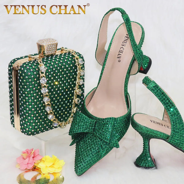 Fashionable New Design Nigerian Design Italian Women Shoes and Bag Set in Green Color Decorate with Rhinestone for Party