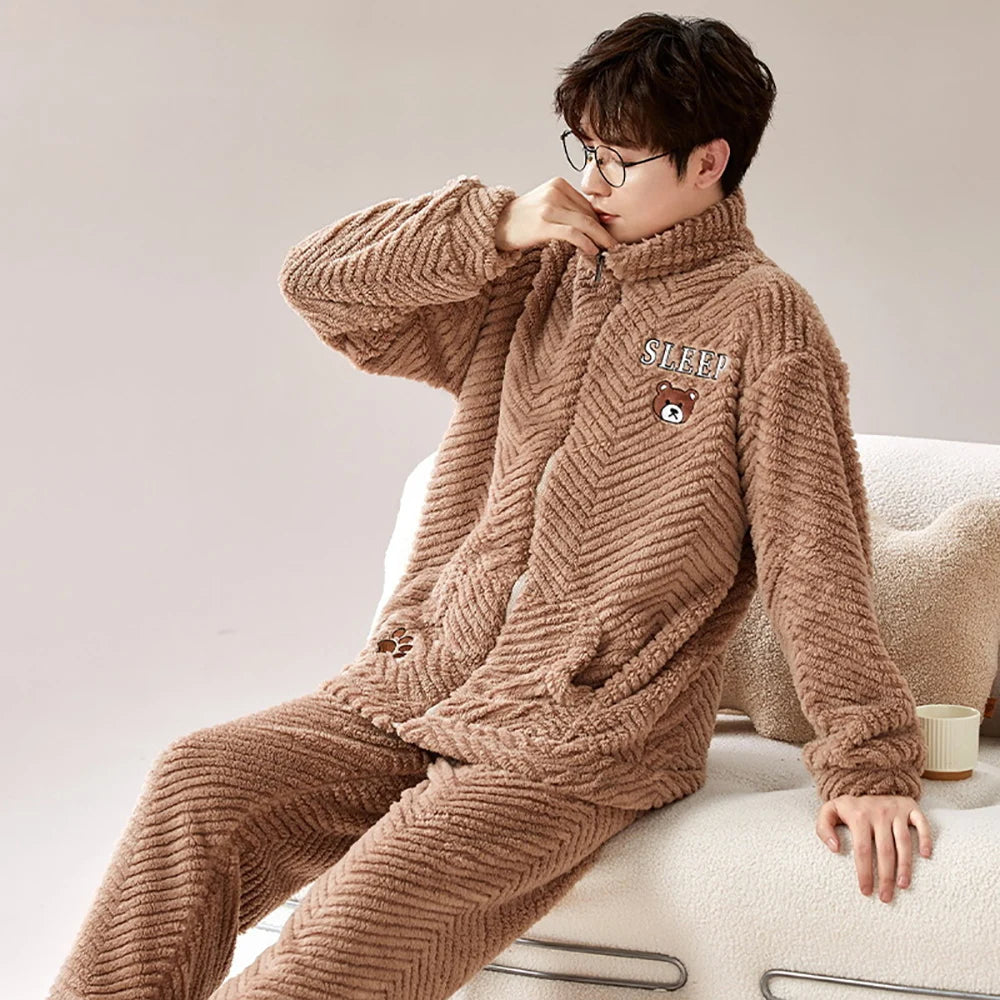 Antistatic Coral Fleece Men's Winter Pajamas Set Thicken Flannel Warm Sleepwear Big Size 3XL Zipper Soft Pajama Men pyjama homme