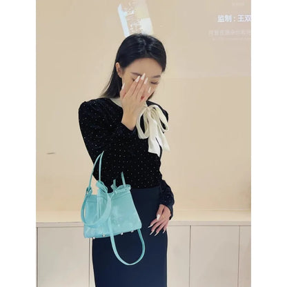 2025 New Chinese style national wind smudged vegetable basket Handbag hand bill of lading shoulder slung bucket bag