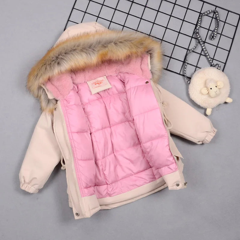 Kids Girl Jacket Big Fur Warm Toddler Children's winter cotton padded clothes girls thickened Hooded cotton padded coat