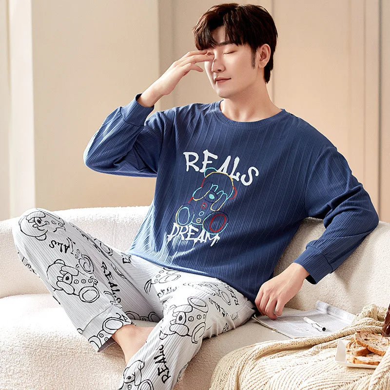 100% Cotton Men Pajamas Set Long Sleeve Pijama for Male S-XXXL Size Homewear Pure Cotton Loungewear Nightie Sleepwear Man Pyjama