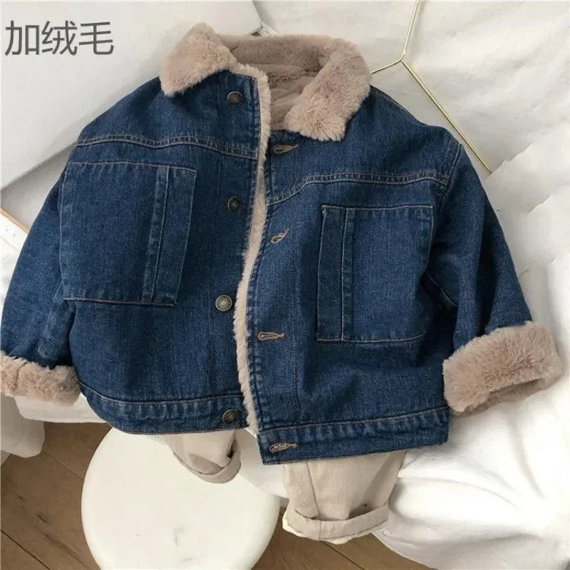 2025 Autumn Winter Children Big Boy Outerwear Coat Fleece Thicken Warm Toddler Boys Denim Jacket Kids Girls Parkas 2-11 Yrs