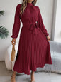 Autumn and winter elegant stand up collar long sleeved waist cinched pleated long skirt small dress women's solid color dress