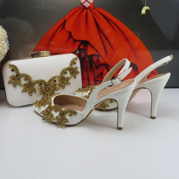 BaoYaFang Pointed Toe Rhinestone Bridal wedding shoes and Bag Thin Heel Slingbacks Female Ladies Party Shoe Shallow Women Shoes