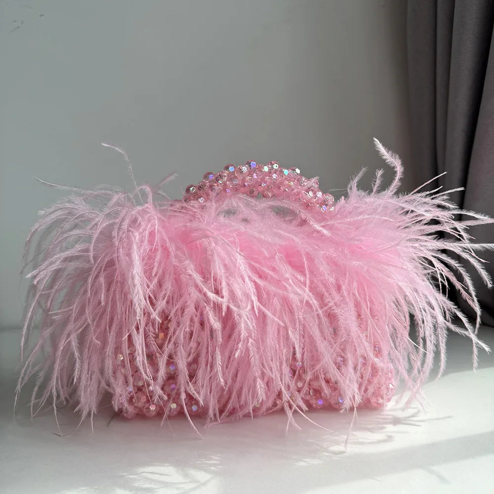 Pearl Bead Bag With Feather Fur Designer Brand Clear Acrylic Crystal Stone Box Tote Handbag Women Handmade Party Purse