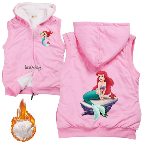 The Little Mermaid Ariel Children Vest Hoodes Sleeveless Jacket Winter Warm Baby Fur Waistcoat Outerwear Kids Girl Boy Clothes