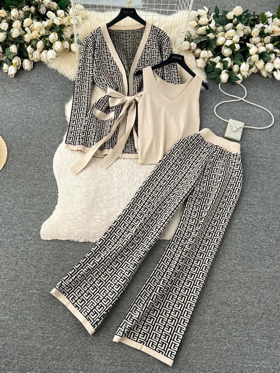 Winter Women Knitted 3 Pieces Set Casual Thicken Cardigan Jacket Sweater Coat +Knitted Top + Pant 3 Piece Suits Warm Set