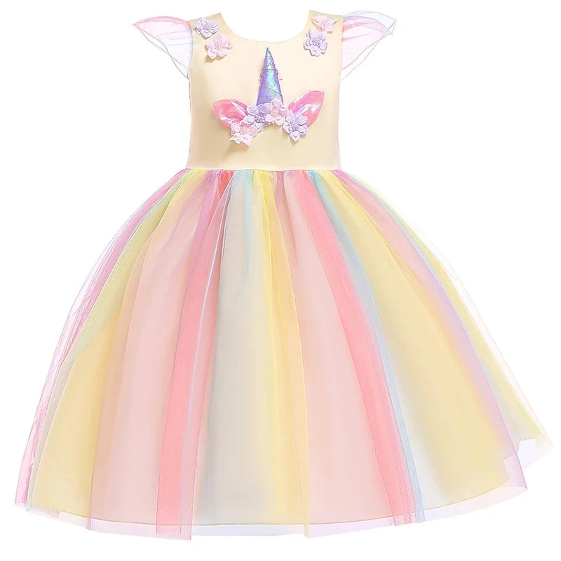 Kids Unicorn Dress for Girls Flower Appliques Ball Gown Elegant Party Costumes Little Girl Princess Dresses Children Clothing