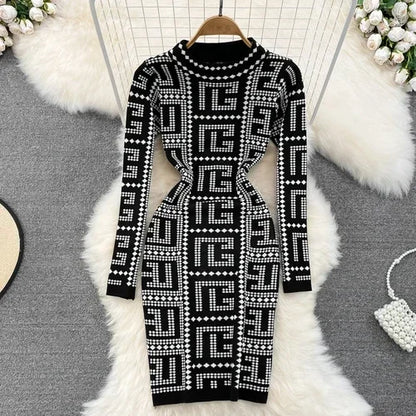 Autumn & Winter Women High Grade Fashion Geometric Prom Knitted Sweater Dress Above Knees Party Jacquard Wrapped Hip Dresses New