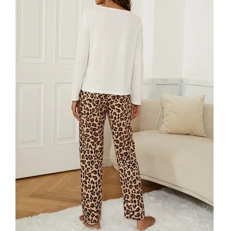 Aututmn Winter Leopard Print Pajamas for Women Heart Pattern Long Sleeve Pijamas Milk Silk O-neck Homewear Girls Sleepwear