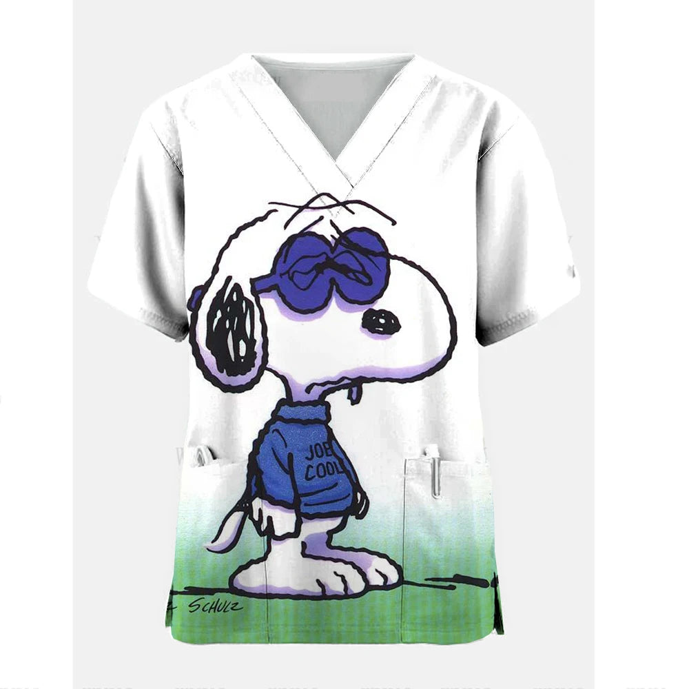 Medical Blouse Clinic Hospital Workwear Healthcare Nurse Snoopy print Uniform Carer Working Short Sleeve Tops Women T-shirt Nurs