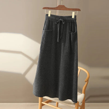 Autumn And Winter100% Pure Wool Skirt Women's Long Pocket Small A Skirt High Waist Slim Cashmere Knit A-Line Skirt