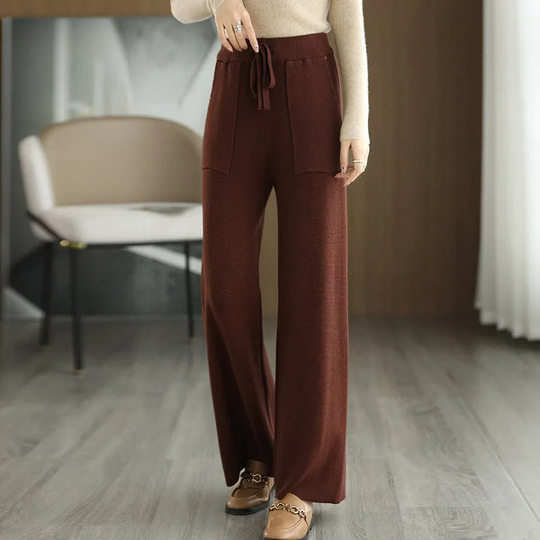 Women's Merino Wool Knitted Pants Office Lady Simple High Waist Straights Trousers Cashmere Wool Autumn Winter Thick Knitwear