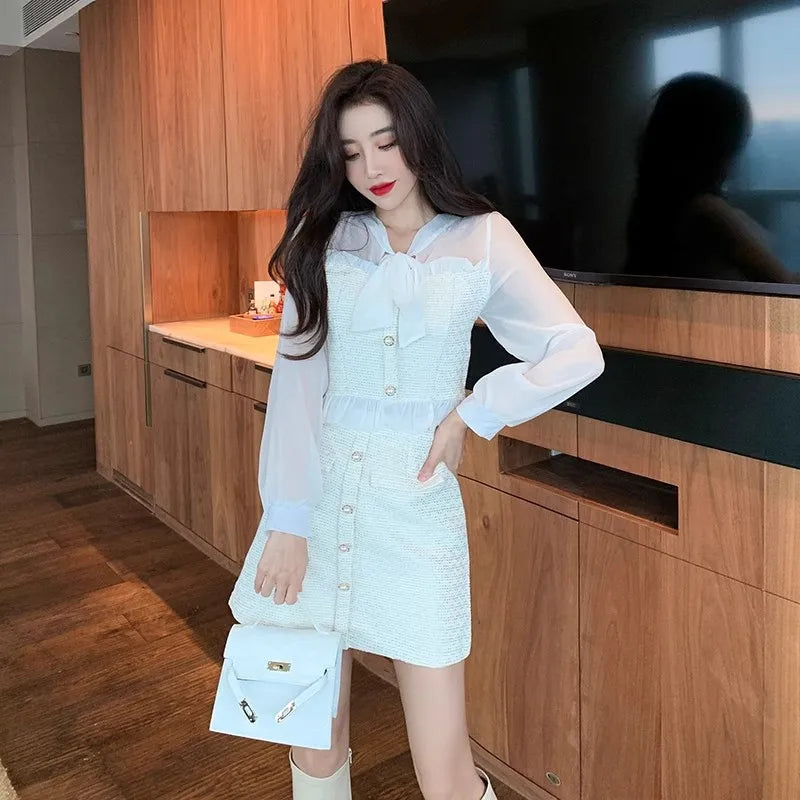 Elegant Commuter Suit Autumn New French Lace-Up Bow Chiffon Ruffle Edge Splicing Shirt+High Waist A-Line Skirt 2-Piece Set Women