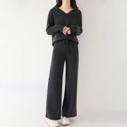 New women's set 100% wool knitted pullover hooded sweater comfortable long leg wide leg pants autumn and winter Ladies' two-piec