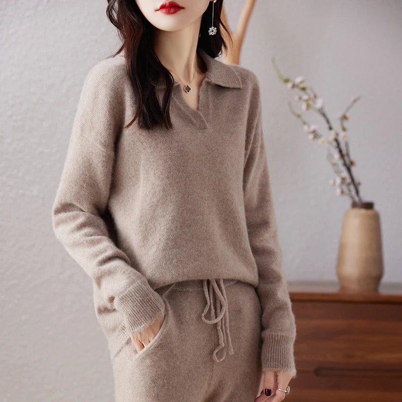 100% Pure Wool Knitted Suit Women's 24 Autumn Winter New Fashion POLO Collar Pullover Sweater Commuting Calf Pants Two-Piece Set