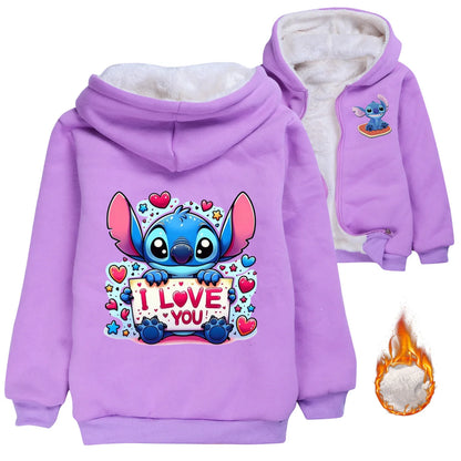 Kid Baby Boy Girl Coat Autumn Winter Long Sleeve Plush Hoodies Cartoon Stitch Print Children Sweatshirt Clothes Thick Top Outfit