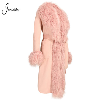 Women Mongolian Sheep Fur Coat Long Style Cashmere Jacket With Real Fur Trim Lady Autumn Winter Fashion Warm Outerwear