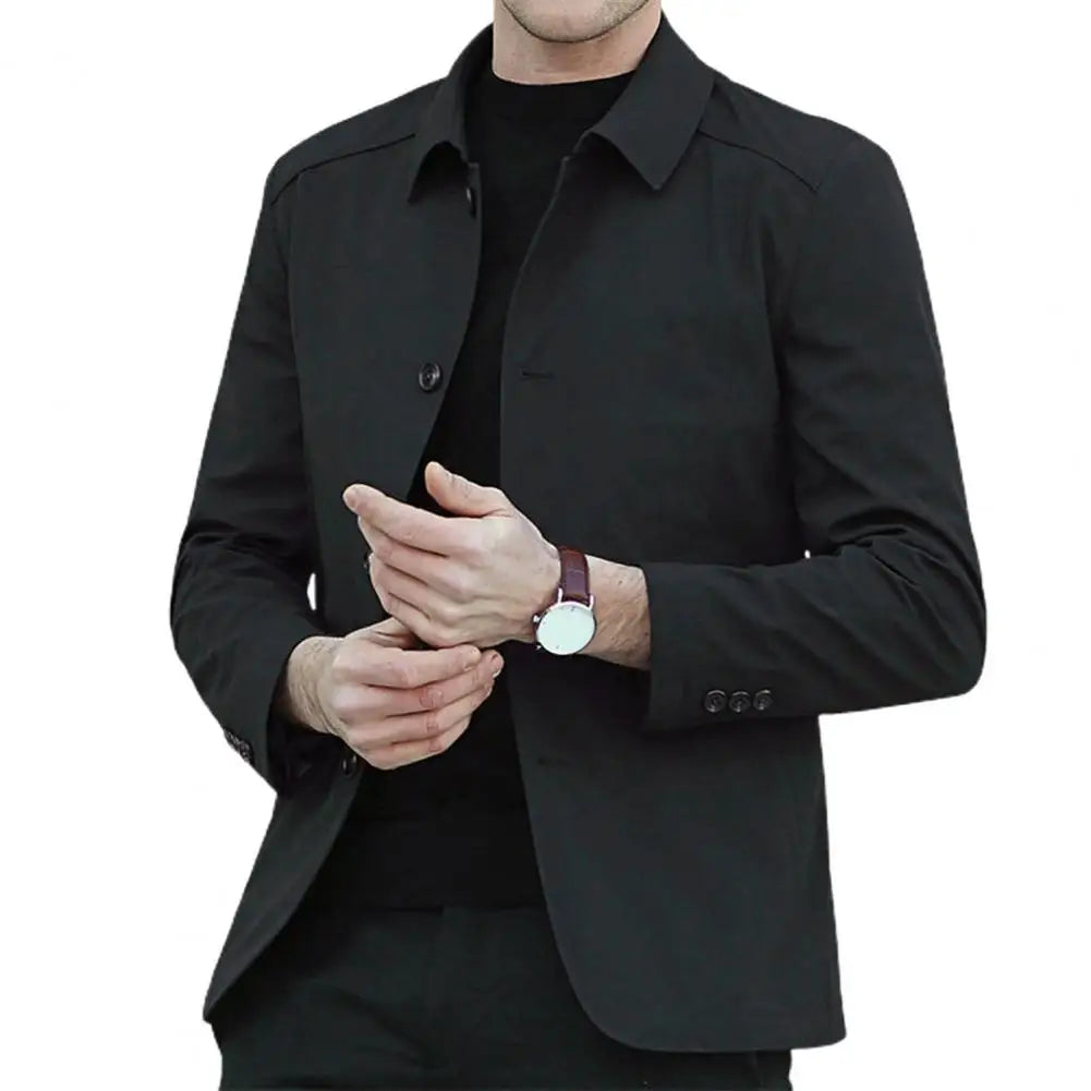 Warm Men Jacket Elegant Men's Mid Length Business Jacket with Turn-down Collar Single-breasted Design for Fall Spring Seasons