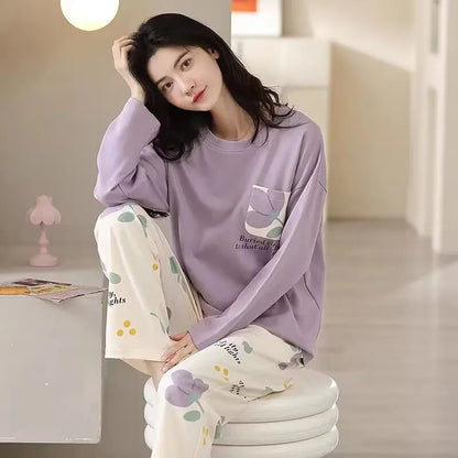 M-5XL Big Size Autumn Spring Pajamas Set for Women Kawaii Printing Sleepwear for Girl Fashion Long Sleeve O-neck Woman's Pijamas