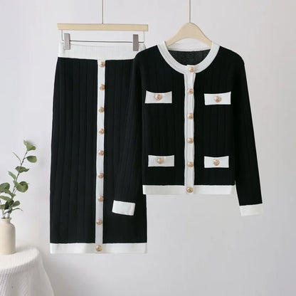 Muslim Ensemble Women Knitted Cardigan Coat Buttons Solid Colour Long Skirt Two Pieces Knit Casual Suit Knitting Skirts Outfits