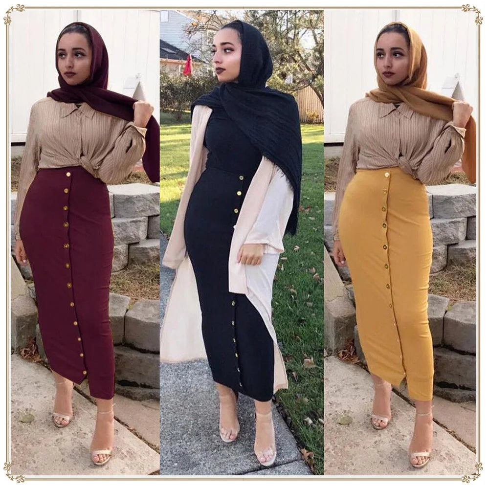 Winter Autumn High Waist Women Skirts Muslim Button Bodycon Sheath Long Maxi Half Dress Femme Sexy Pencil Skirt Solid Streetwear