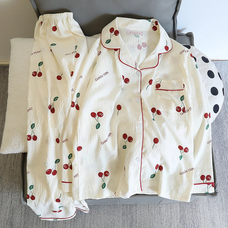 Autumn Women Two Pieces Pajamas Set Sweet Cute Cardigan Pijamas Girl Cloud Cotton Sleepwear Student Korean Fashion Home Clothes