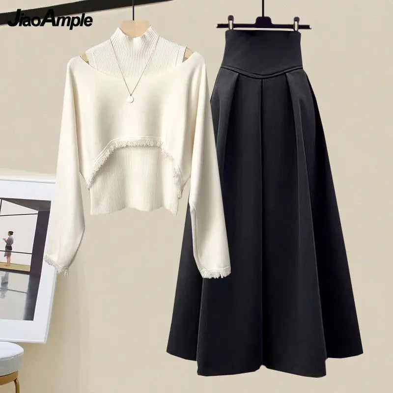 2025 Spring Autumn New Korean Elegant Knit Tassel Cover Up+Half High Collar Bottom Sweater+Midi Skirt 3 Piece Women Dress Suit