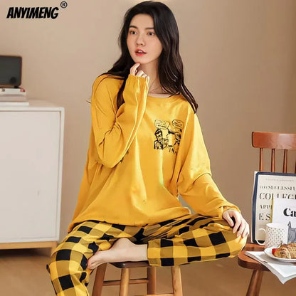 M-5XL Big Size Autumn Spring Pajamas Set for Women Kawaii Printing Sleepwear for Girl Fashion Long Sleeve O-neck Woman's Pijamas