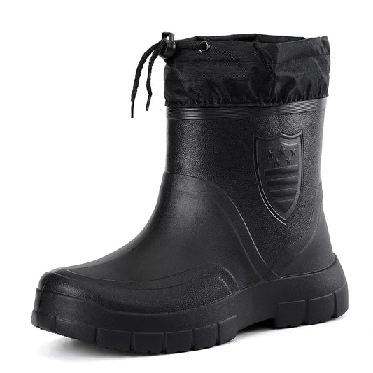 Winter Windproof Cotton Rain Boots Men Warm Light Ankle Rainboots Fashion Black Slip on Rain Shoes Men Waterproof Work Boot