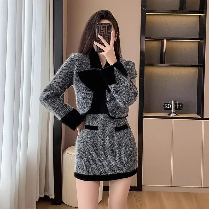 Women's Autumn/winter French Elegant Tweed Suit Skirt Set, Retro Solid Contrasting Woolen Suit Collar Jacket Skirt Two-piece Set