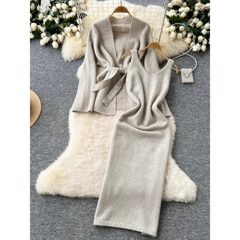 Lazy Style Dress Suit  Women's Inner Base Sleeveless Knitted Dress Strap Waist Long-sleeved Sweater Coat Winter Two-piece Sets