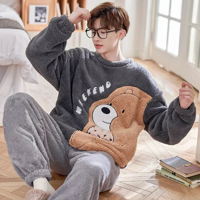 2025 New Winter Plus Size Long Sleeve Thick Warm Flannel Pajama Sets For Men Cute Cartoon Sleepwear Pyjama Homewear Home Clothes