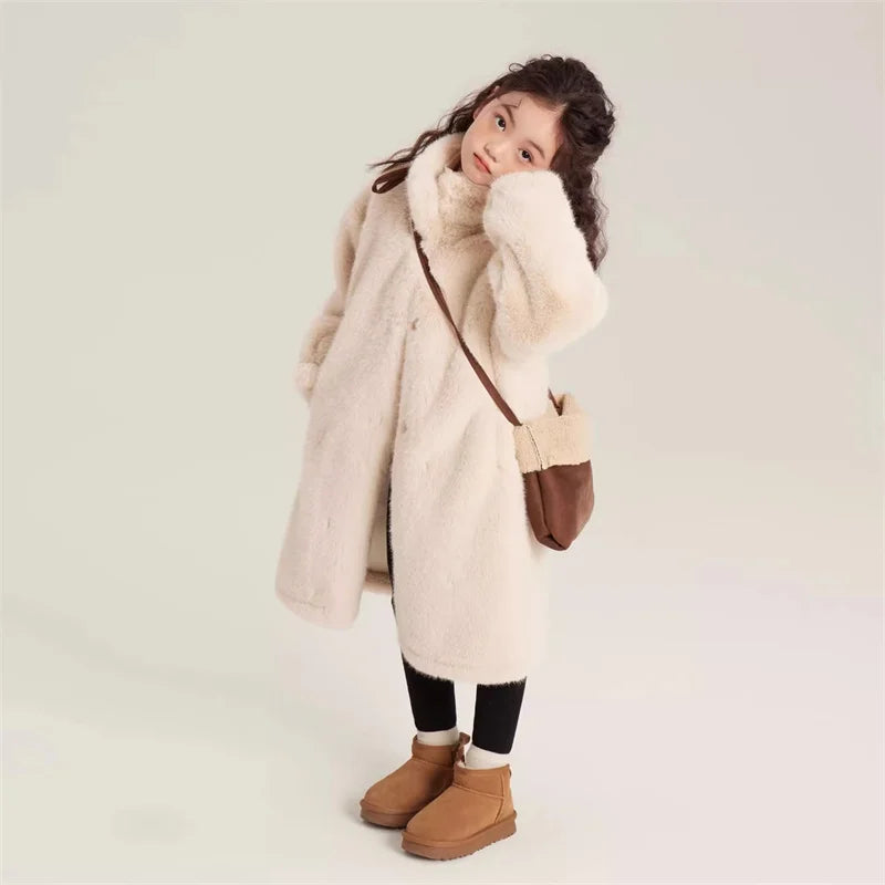 Girls Winter Fur Coats 2025 New Children Thicken Warm Outerwear Kids Fashion Casual Long Jackets Teenager Turtleneck Clothing