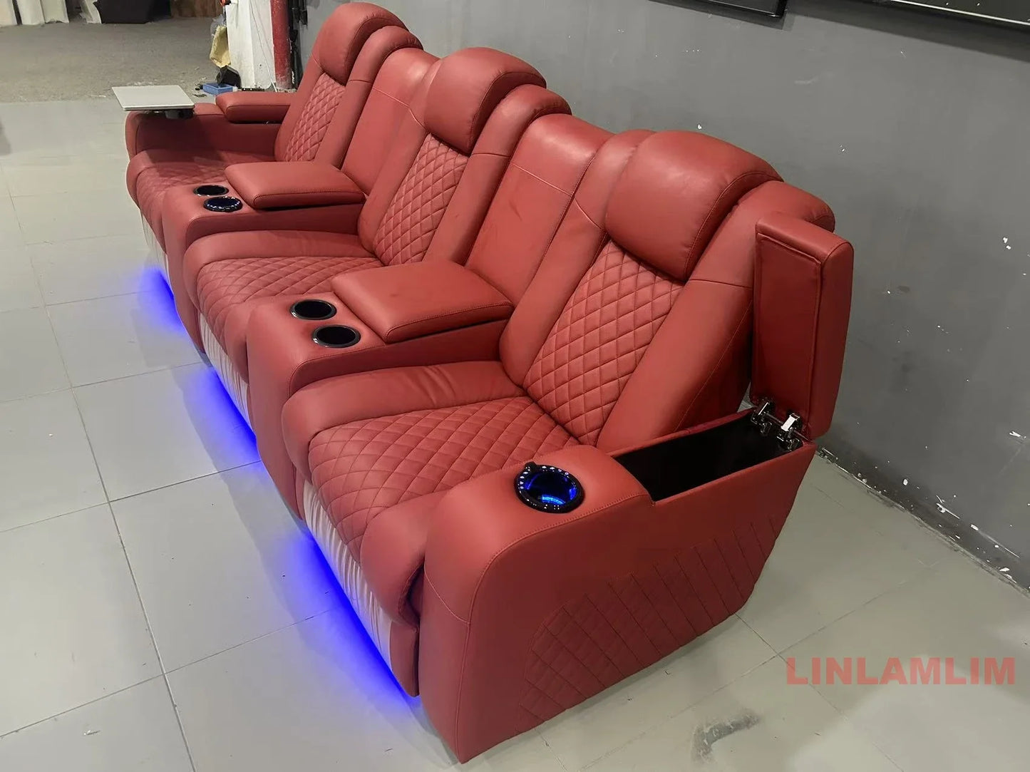 Linlamlim Luxury 3-Seat Recliner Sofa with Cup Holders, Leather Home Theater Seating, Cinema Recliner Couch with Center Console