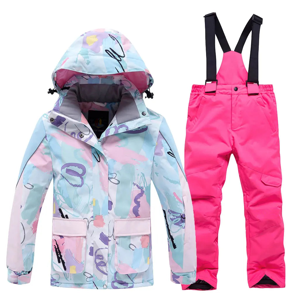 Fashion Printed Skiing Jacket + Bib Pants Snowsuits 2-Piece Boys Girls Hooded Winter Warm Windproof Snowboarding Wear