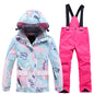 Fashion Printed Skiing Jacket + Bib Pants Snowsuits 2-Piece Boys Girls Hooded Winter Warm Windproof Snowboarding Wear