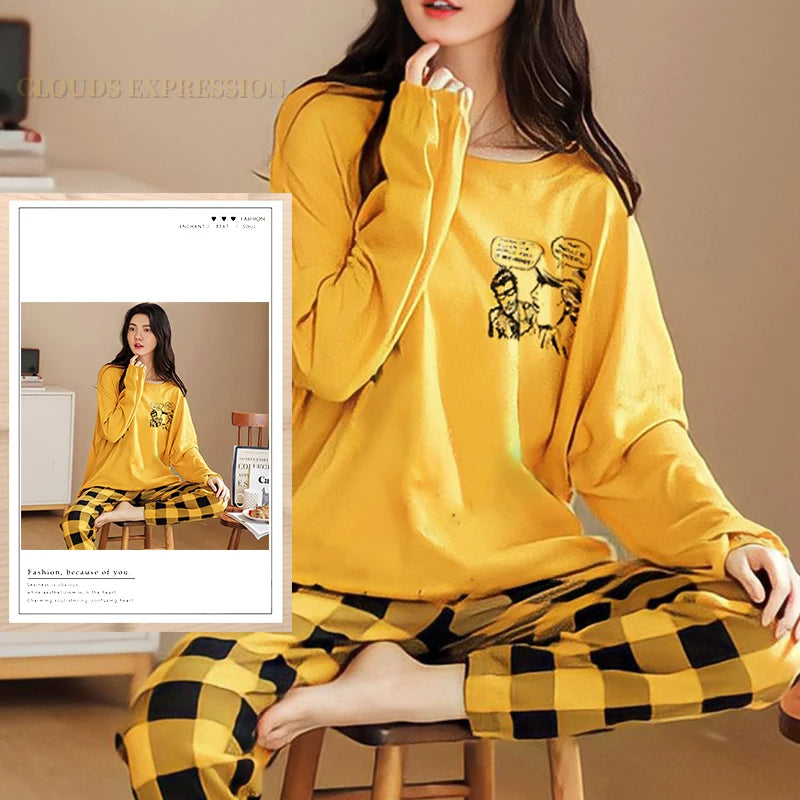 Spring Autumn Size 5XL Women Polyester Pajamas Dots Sleepwear Long-sleeved Homewear Sets Womens Cartoon Nightwear Casual Pijamas