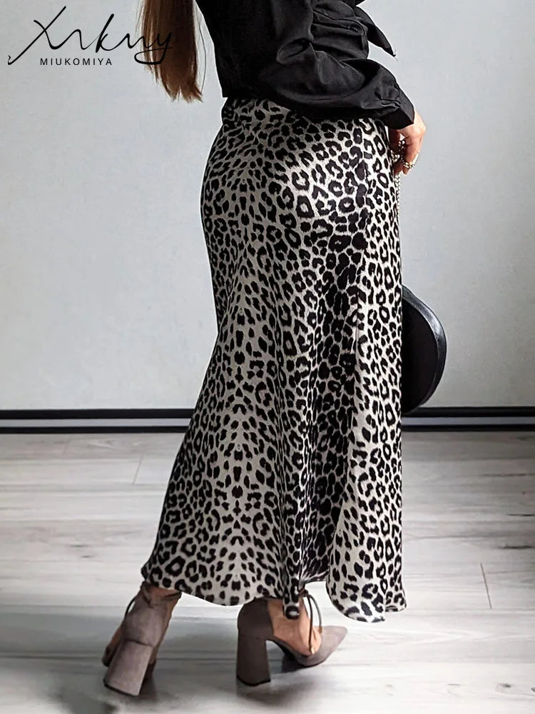 MiuKoMiYa Autumn Satin Leopard Print Maxi Skirt Women High Waist A Line Office Slim Long Leopard Skirt For Women Elegant