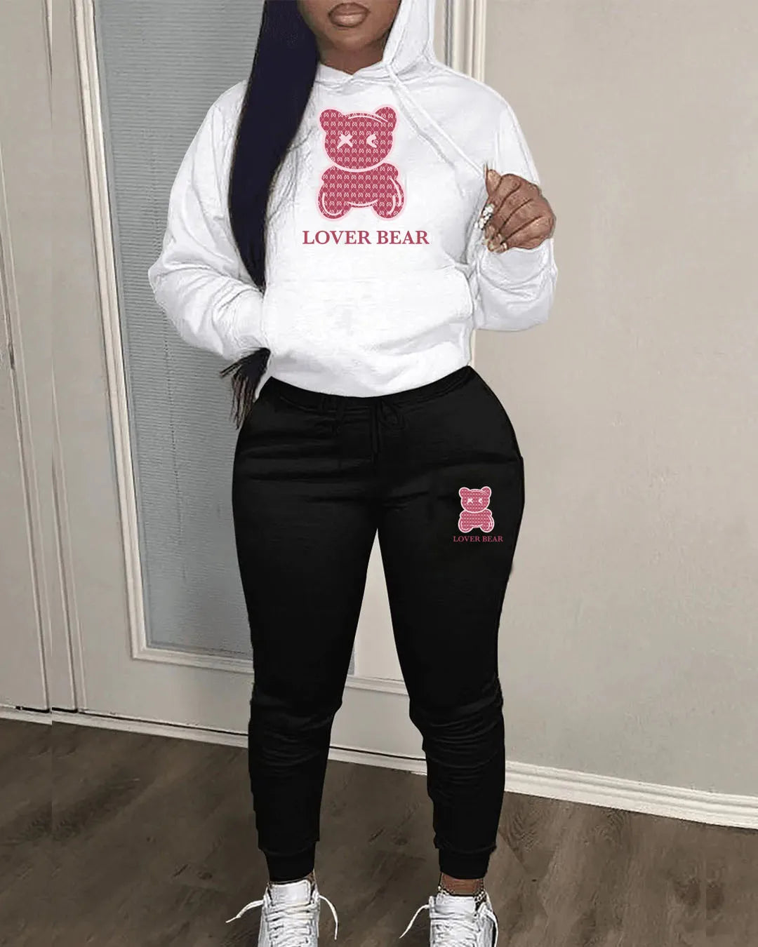 Lovely Bear Letter Print Kangaroo Pocket Tracksuit Set Long Sleeve Hoodie+Drawstring Trousers Women Two Pieces Matching Suits