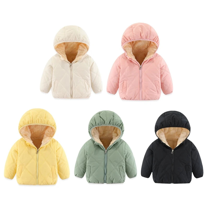 Baby Children Coats Winter Thick Jackets Girls Boys Solid Color Warm Plush Thicken Outerwear Hooded Jacket Cardigan Kids Clothes