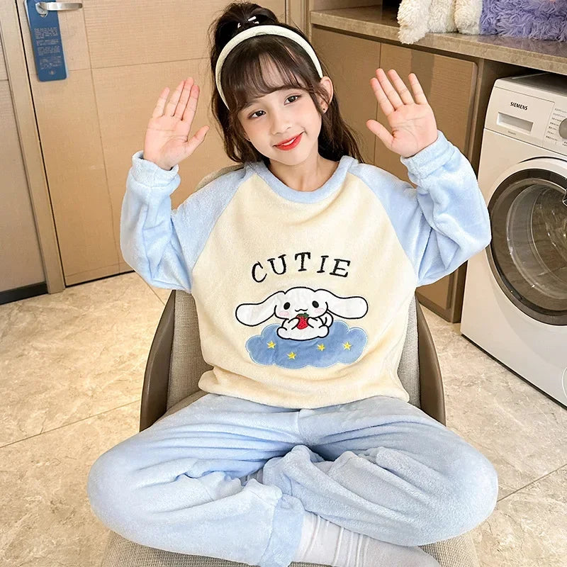 2025 Autumn Winter Flannel Children Pajama Sets Miniso Anime Cartoon Boy Girl Warm Sleepwear Cute Pijama Kids Homewear Clothes