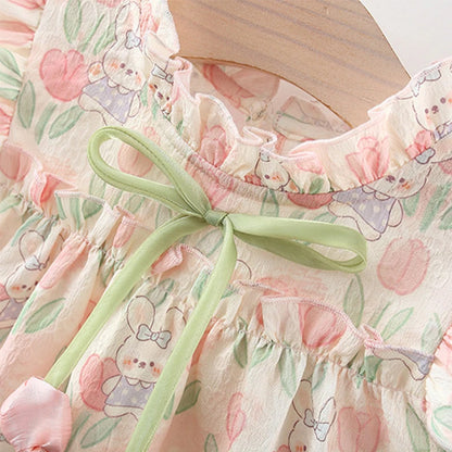 Summer Covered In Tulip Flowers Rabbit Little Flying Sleeve Dress For Kids Girl Cute Princess Dress For Baby Kids