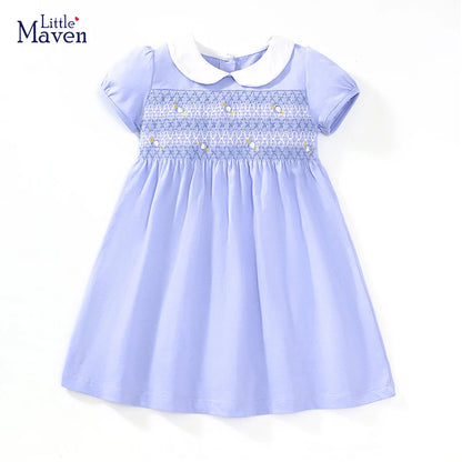 Little maven 2025 Kids Clothes Summer Princess Blue Dress for toddler Girls Children’s Clothes Cartoon Embroidery Flowers Cotton