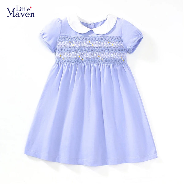 Little maven 2025 Kids Clothes Summer Princess Blue Dress for toddler Girls Children’s Clothes Cartoon Embroidery Flowers Cotton