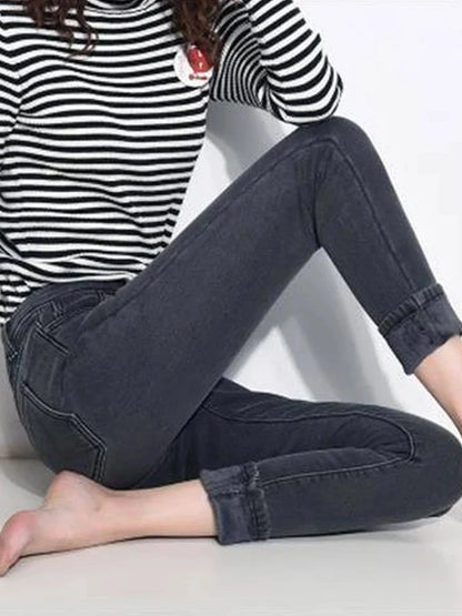 Winter high waist jeans women Thick warm stretch skinny pencil pants Female Simple casual black  trousers