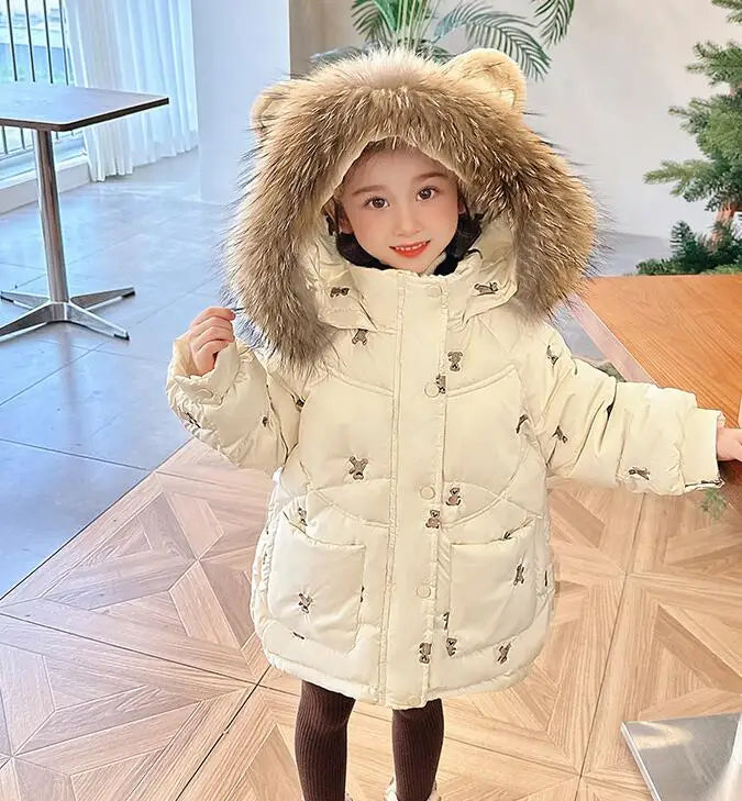 Kids Winter Jacket For Girls Little Bear Cartoon Thicken Children Embroidery Coat Baby Hooded Down Outwear