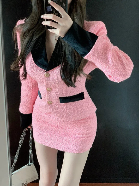 Spring Tweed Set Women's Fragrant Style Velvet Spliced Wool Jacket and High Waist Bodycon Skirt Sets Elegant Pink Two Piece Sets