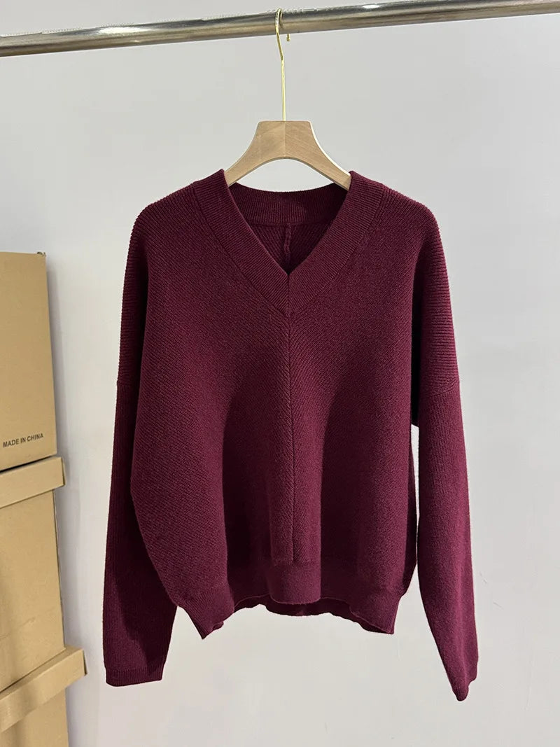 Autumn And Winter New Elegant Ladies Ribbed Wool Cashmere V-Neck Sweater Top + Knitted Skirt Set