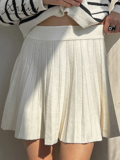 MiuKoMiYa Gray Skirt Women Pleated Mini Skirts Autumn High Waist Long Knitted Skirt For Women Solid Black Short Skirts Ladies